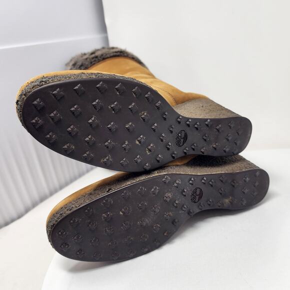 Timberland Monogram Tall Boot Women 8M Tan Wheat Suede Faux Fur Trim Wedge 86334 - Picture 10 of 12